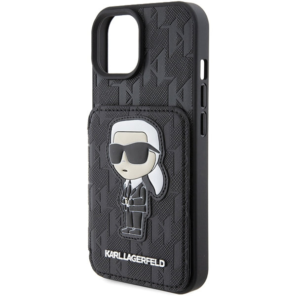 Karl Lagerfeld Saffiano Cardslots and Stand Monogram Ikonik Patch case for iPhone 15 - black