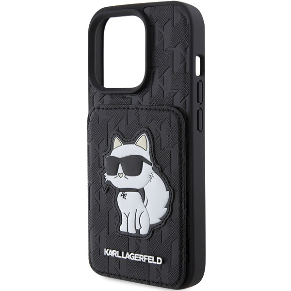 Karl Lagerfeld Saffiano Cardslots and Stand Monogram Choupette Case for iPhone 15 Pro Max - Black