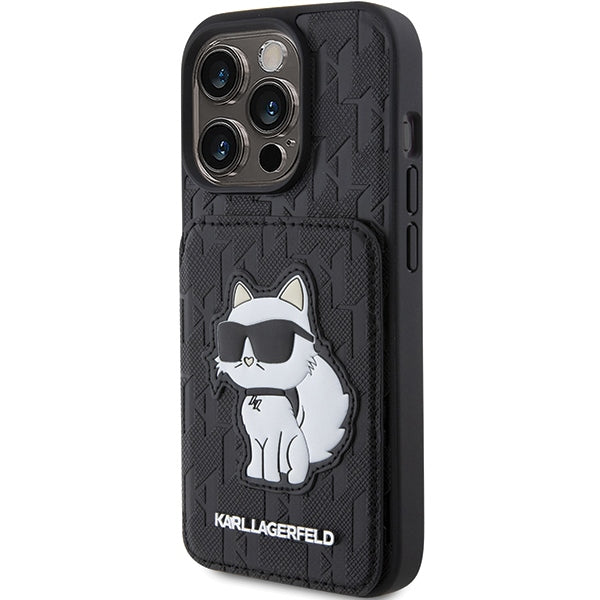 Karl Lagerfeld Saffiano Cardslots and Stand Monogram Choupette Case for iPhone 15 Pro Max - Black