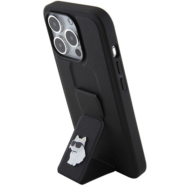 Karl Lagerfeld Gripstand Saffiano Choupette Pins case for iPhone 15 Pro - black