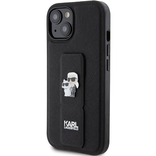 Karl Lagerfeld Gripstand Saffiano Karl&Choupette Pins case for iPhone 15 - black