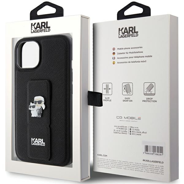 Karl Lagerfeld Gripstand Saffiano Karl&amp;Choupette Pins case for iPhone 15 - black