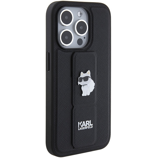 Karl Lagerfeld Gripstand Saffiano Choupette Pins case for iPhone 15 Pro Max - black