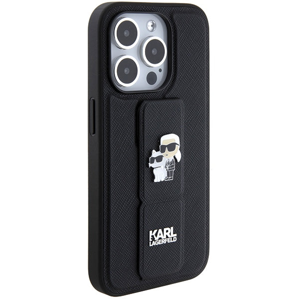 Karl Lagerfeld Gripstand Saffiano Karl&amp;Choupette Pins case for iPhone 15 Pro Max - black