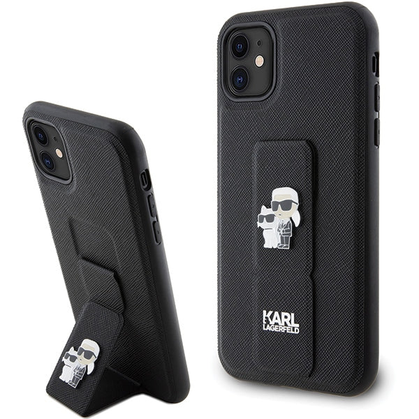 Karl Lagerfeld Gripstand Saffiano Karl&amp;Choupette Pins case for iPhone 11 / Xr - black