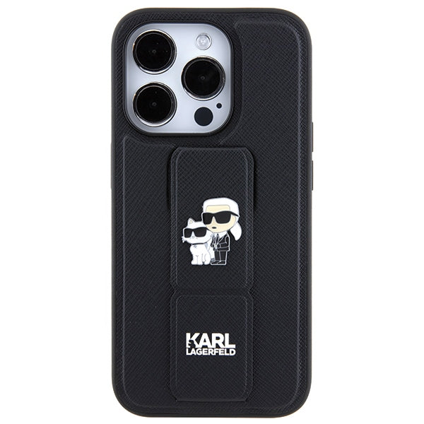 Karl Lagerfeld Gripstand Saffiano Karl&Choupette Pins case for iPhone 13 Pro / 13 - black