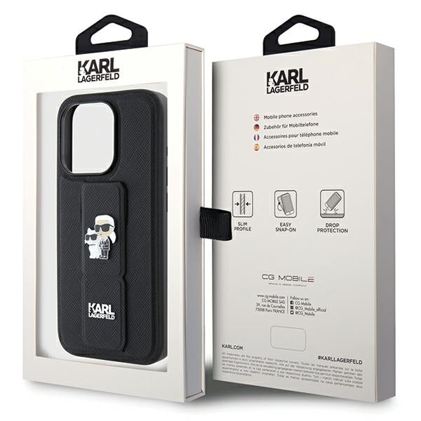 Karl Lagerfeld Gripstand Saffiano Karl&Choupette Pins case for iPhone 13 Pro / 13 - black