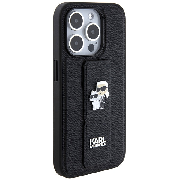 Karl Lagerfeld Gripstand Saffiano Karl&Choupette Pins case for iPhone 13 Pro / 13 - black