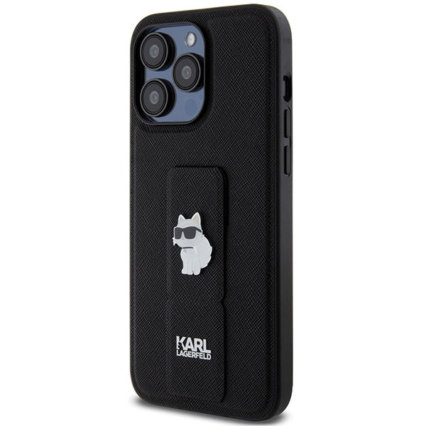Karl Lagerfeld Gripstand Saffiano Choupette Pins case for iPhone 13 Pro Max - black
