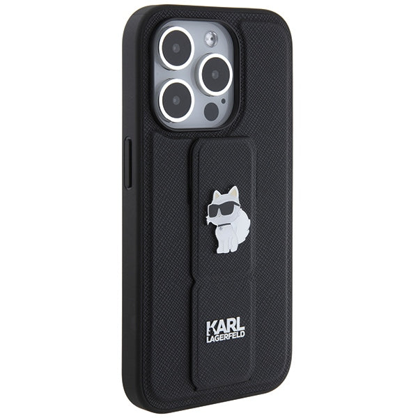 Karl Lagerfeld Gripstand Saffiano Choupette Pins case for iPhone 14 Pro - black