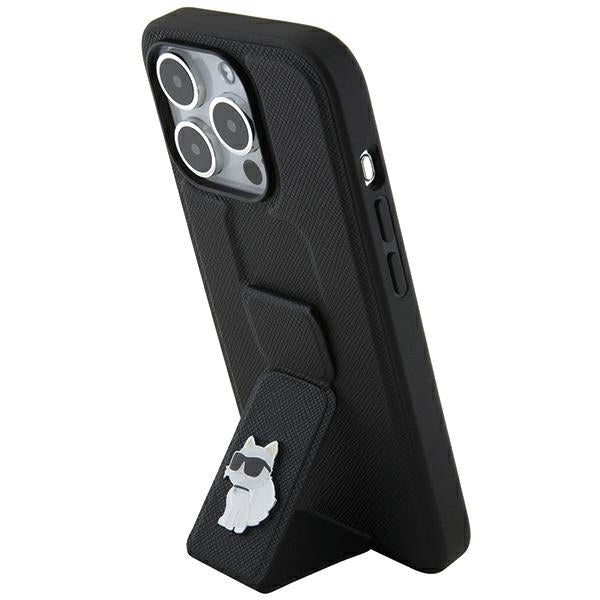 Karl Lagerfeld Gripstand Saffiano Choupette Pins case for iPhone 14 Pro - black