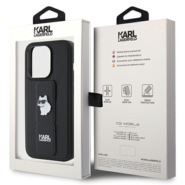 Karl Lagerfeld Gripstand Saffiano Choupette Pins case for iPhone 14 Pro Max - black