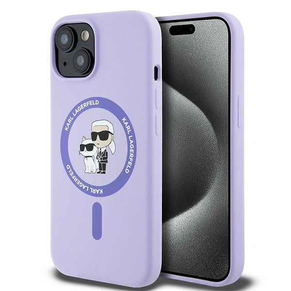 Karl Lagerfeld Silicone Karl&amp;Choupette Heads Ring MagSafe iPhone 15 Case - Purple