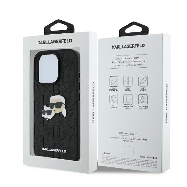 Karl Lagerfeld Monogram Karl &amp; Choupette Head Pin iPhone 16 Pro Case - Black
