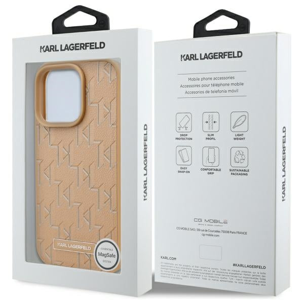Karl Lagerfeld Leather Monogram Metal Logo MagSafe iPhone 16 Pro Case - Beige