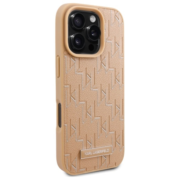 Karl Lagerfeld Leather Monogram Metal Logo MagSafe iPhone 16 Pro Case - Beige