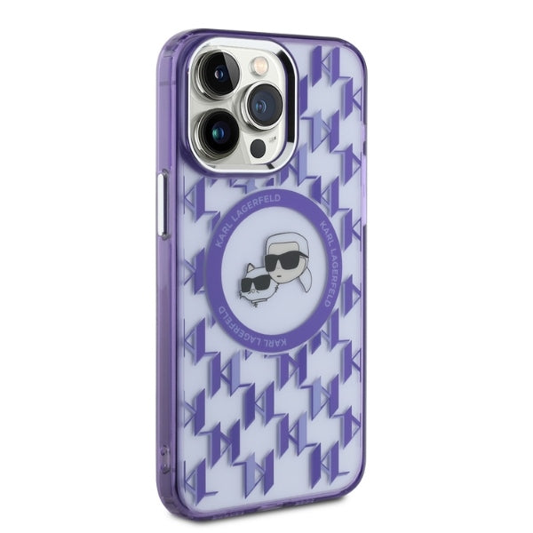 Karl Lagerfeld IML Monogram Karl & Choupette Head MagSafe iPhone 15 Pro Case - Purple