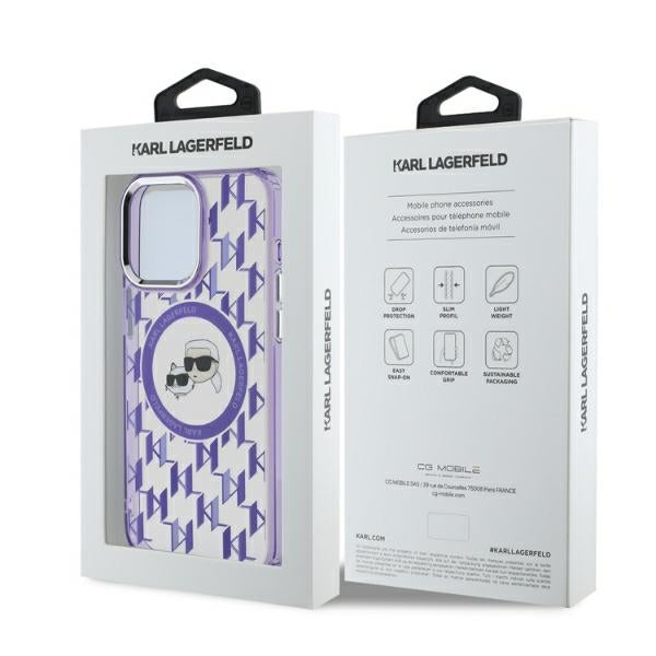 Karl Lagerfeld IML Monogram Karl & Choupette Head MagSafe iPhone 15 Pro Case - Purple