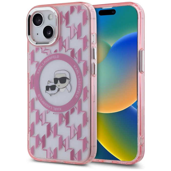 Karl Lagerfeld IML Monogram Karl &amp; Choupette Head MagSafe iPhone 15 Plus Case - Pink