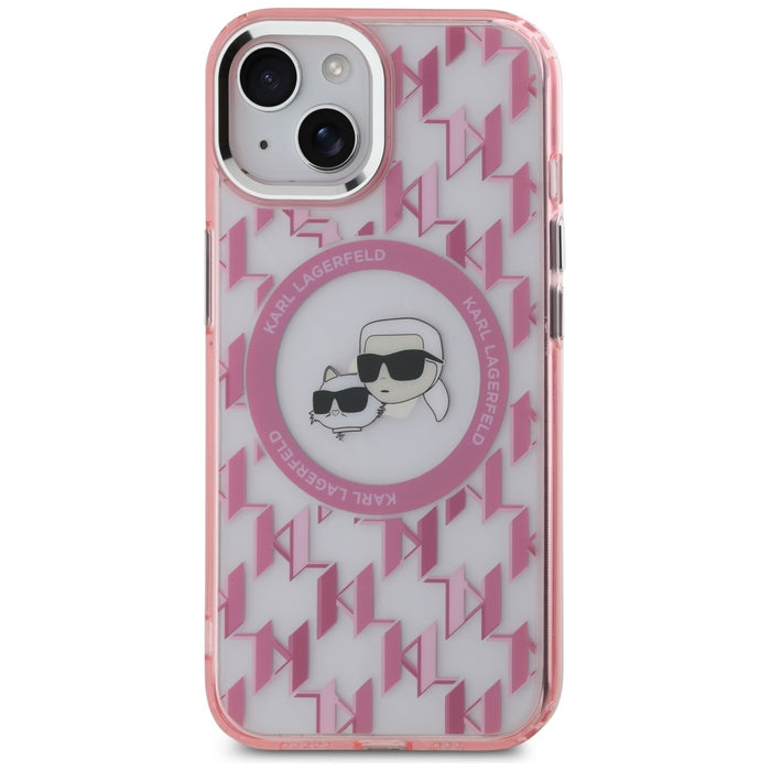 Karl Lagerfeld IML Monogram Karl &amp; Choupette Head MagSafe iPhone 15 Case - Pink
