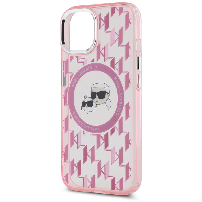 Karl Lagerfeld IML Monogram Karl &amp; Choupette Head MagSafe iPhone 15 Case - Pink