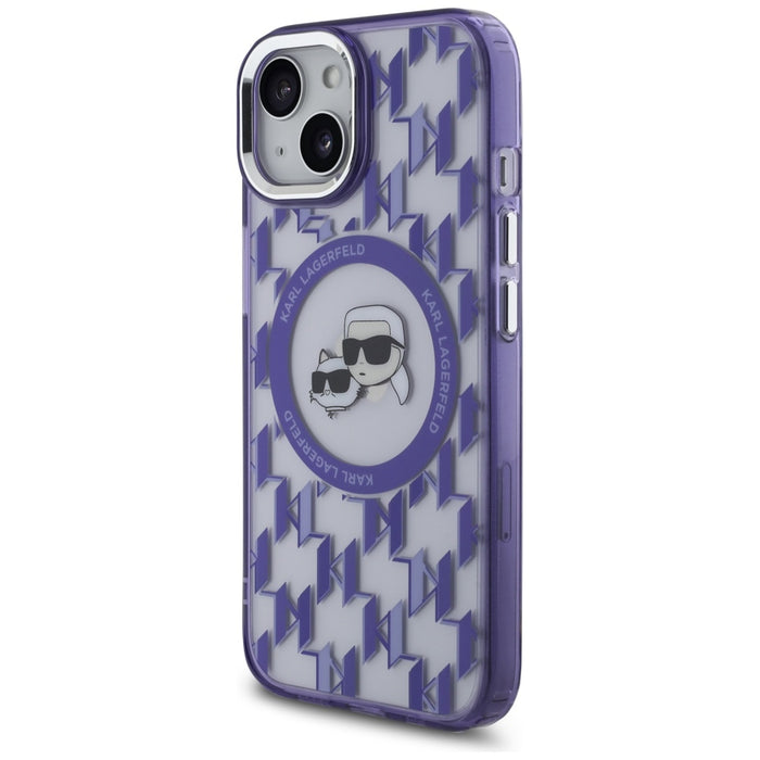 Karl Lagerfeld IML Monogram Karl &amp; Choupette Head MagSafe iPhone 15 Case - Purple