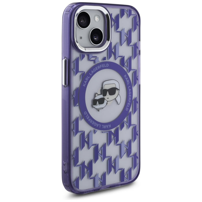 Karl Lagerfeld IML Monogram Karl & Choupette Head MagSafe iPhone 15 Case - Purple
