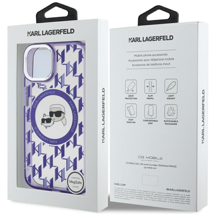 Karl Lagerfeld IML Monogram Karl & Choupette Head MagSafe iPhone 15 Case - Purple
