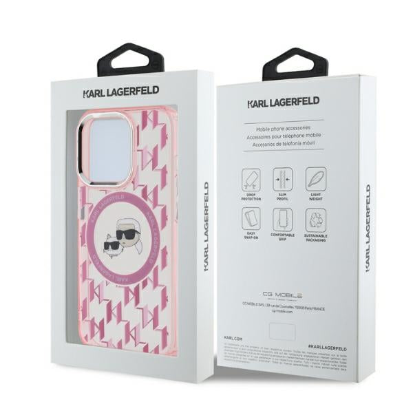 Karl Lagerfeld IML Monogram Karl &amp; Choupette Head MagSafe Case for iPhone 15 Pro Max - Pink