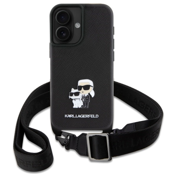 Karl Lagerfeld Saffiano Karl&Choupette Metal Pin CBDY Strap iPhone 16 Case - Black