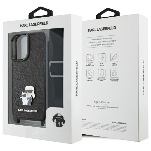 Karl Lagerfeld Saffiano Karl&amp;Choupette Metal Pin CBDY Strap iPhone 16 Case - Black