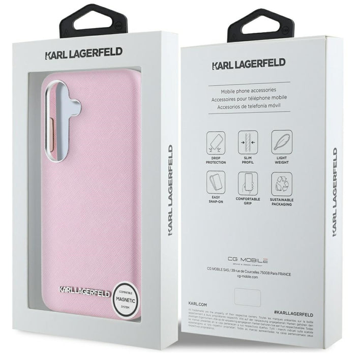 Karl Lagerfeld Saffiano Full Wrapped Elongated Metal Logo MagSafe Case for Samsung Galaxy S25 - Pink