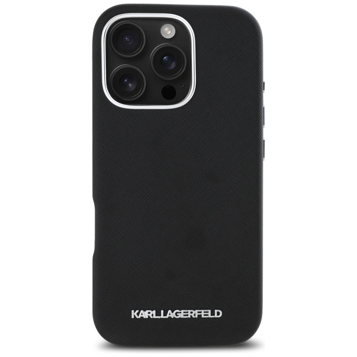 Karl Lagerfeld Saffiano Full Wrapped Elongated Metal Logo MagSafe Case for iPhone 16 Pro Max - Black