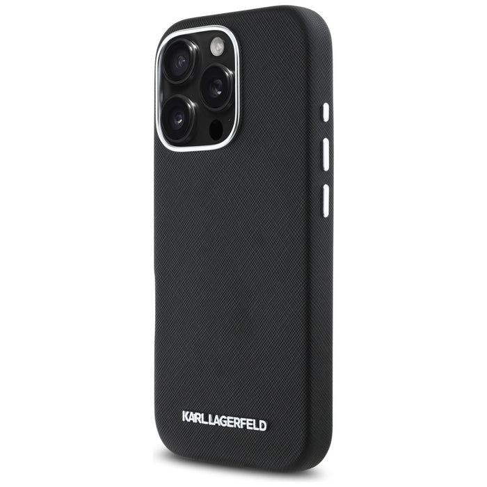 Karl Lagerfeld Saffiano Full Wrapped Elongated Metal Logo MagSafe Case for iPhone 16 Pro Max - Black