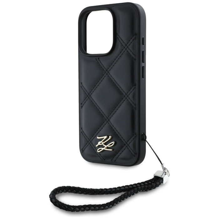 Karl Lagerfeld Quilted Initial Logo &amp; Chain Strap iPhone 16 Pro Case - Black