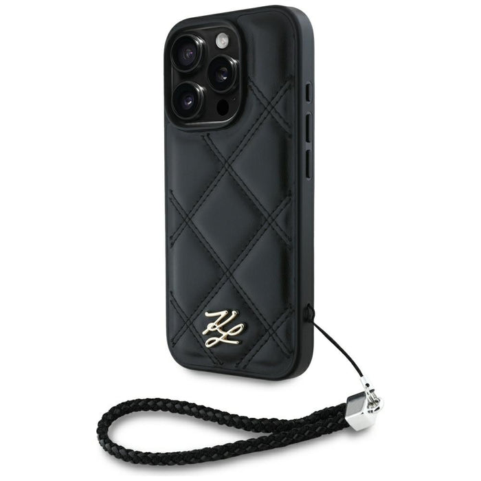 Karl Lagerfeld Quilted Initial Logo &amp; Chain Strap iPhone 16 Pro Case - Black