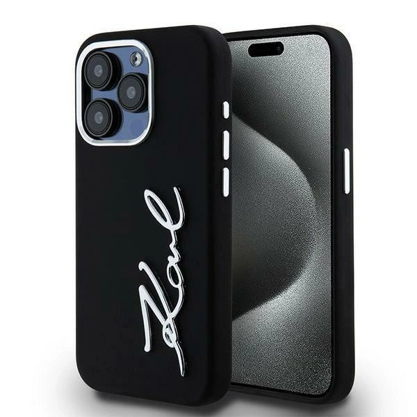 Karl Lagerfeld Silicone Metal Script Logo iPhone 15 Pro Max Case - Black