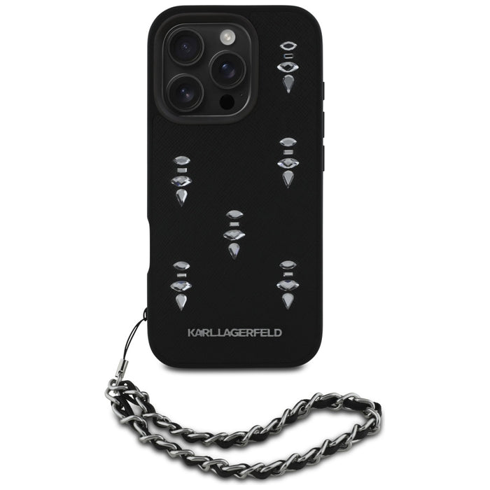 Karl Lagerfeld Saffiano Crystals w/Chain iPhone 16 Pro Case - Black