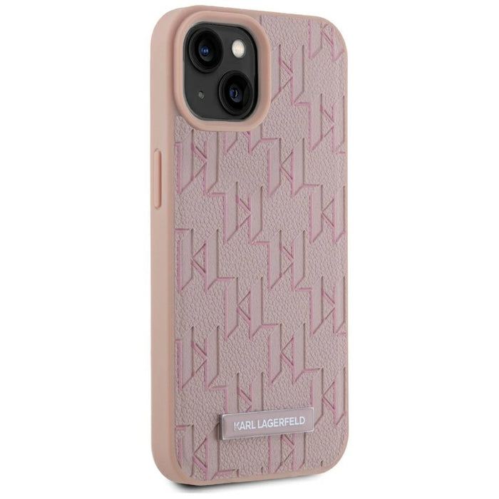 Karl Lagerfeld Leather Monogram Metal Logo MagSafe iPhone 15 Case - Pink