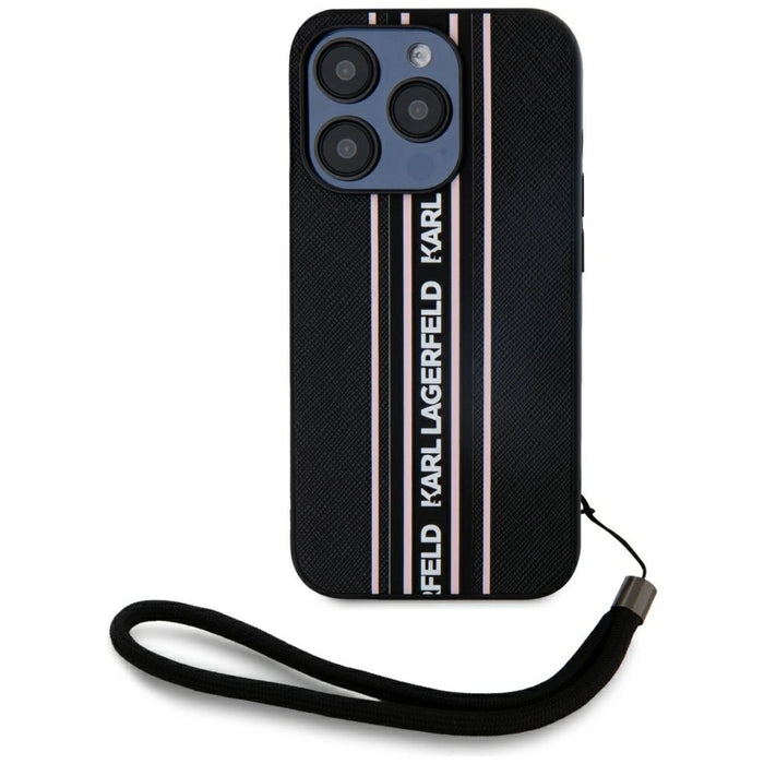 Karl Lagerfeld Saffiano Athleisure Stripes Cord iPhone 15 Pro Max Case - Pink