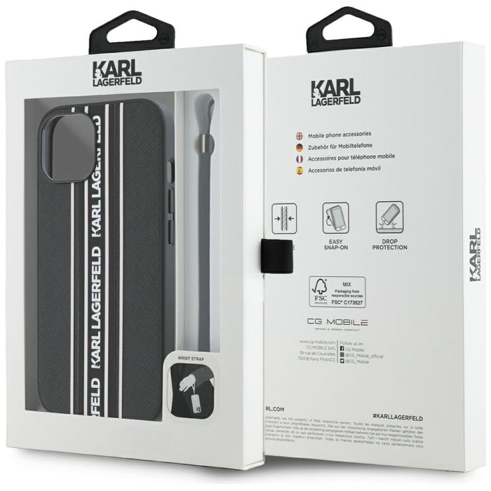 Karl Lagerfeld Saffiano Athleisure Stripes Cord iPhone 15 Case - Pink