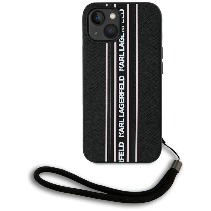 Karl Lagerfeld Saffiano Athleisure Stripes Cord iPhone 15 Case - Pink
