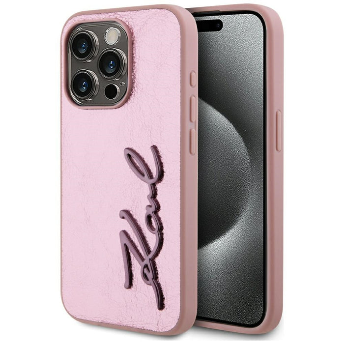 Karl Lagerfeld Wrinkled Metal Signature iPhone 15 Pro Case - Pink