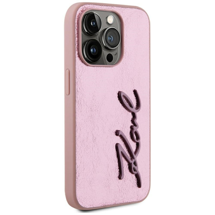 Karl Lagerfeld Wrinkled Metal Signature iPhone 15 Pro Case - Pink