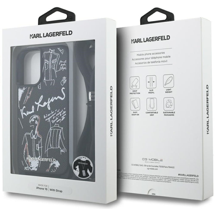 Karl Lagerfeld Crossbody Grained Pattern &amp; Logo Case for iPhone 16 - Black
