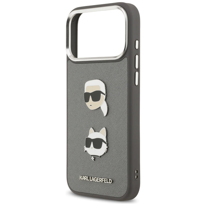 Karl Lagerfeld FW Grained Karl &amp; Choupette Heads Pins &amp; Logo iPhone 17 Pro Max Case - Gray
