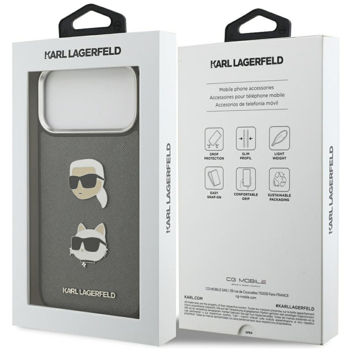 Karl Lagerfeld FW Grained Karl &amp; Choupette Heads Pins &amp; Logo iPhone 17 Pro Max Case - Gray