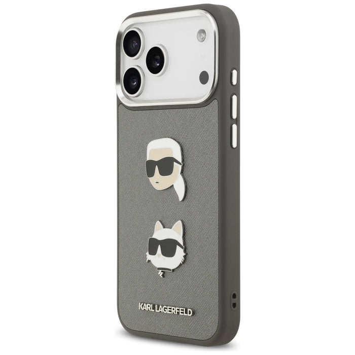 Karl Lagerfeld FW Grained Karl &amp; Choupette Heads Pins &amp; Logo iPhone 17 Pro Max Case - Gray
