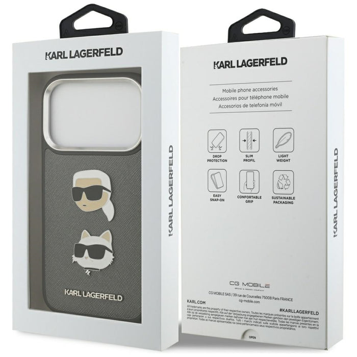 Karl Lagerfeld FW Grained Karl &amp; Choupette Heads Pins &amp; Logo iPhone 17 Pro Case - Gray