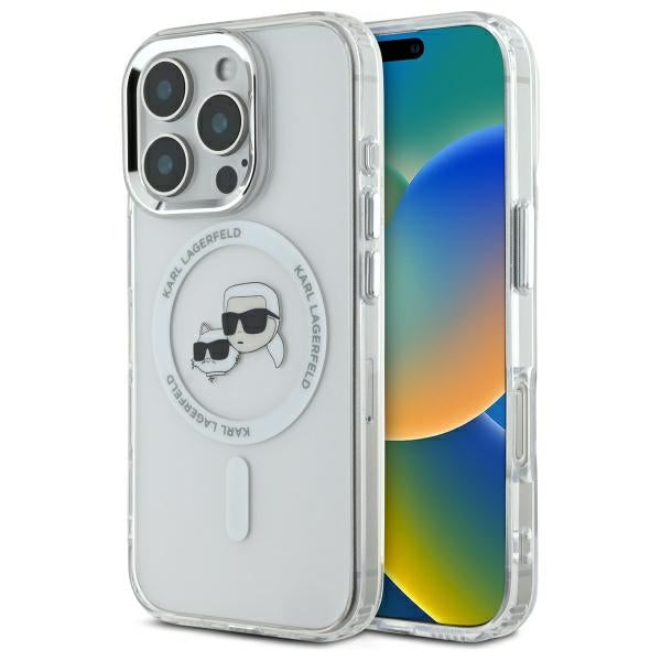 Karl Lagerfeld IML Metal Karl&amp;Choupette Head MagSafe Case for iPhone 16 Pro Max - White